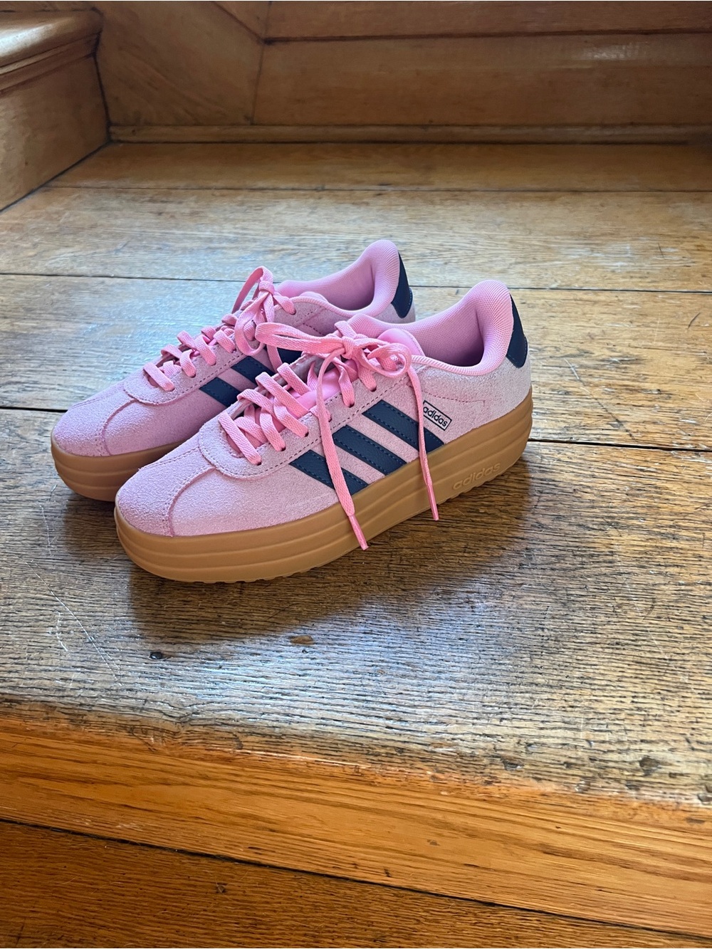 adidas Pink Sneakers with Navy Stripes and Gum Platform Sole
